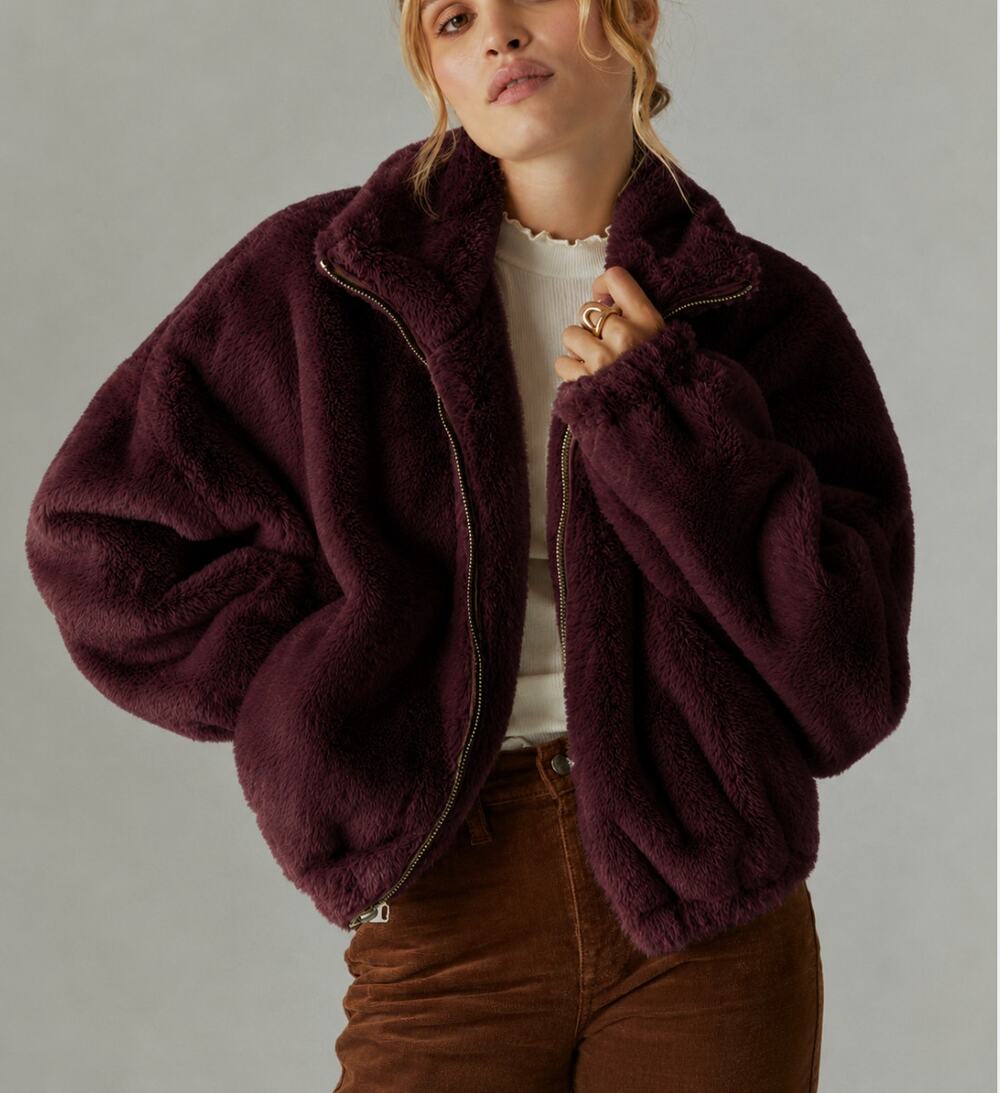 Lucky Brand Burgundy Faux Shearling Teddy Jacket Full Zip Plush Coat Large